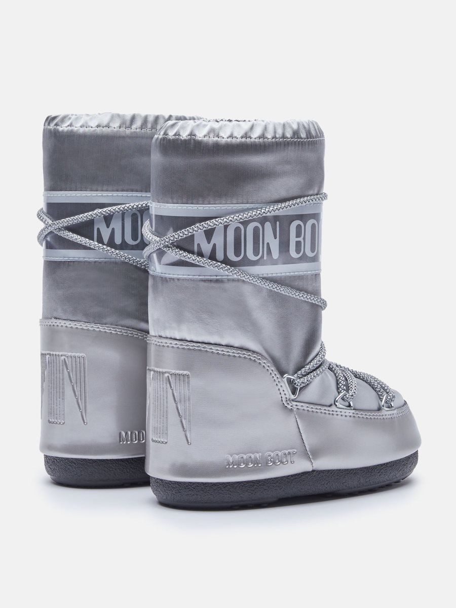 Moon Boot ICON JUNIOR GLANCE SATIN BOOTS - SILVER