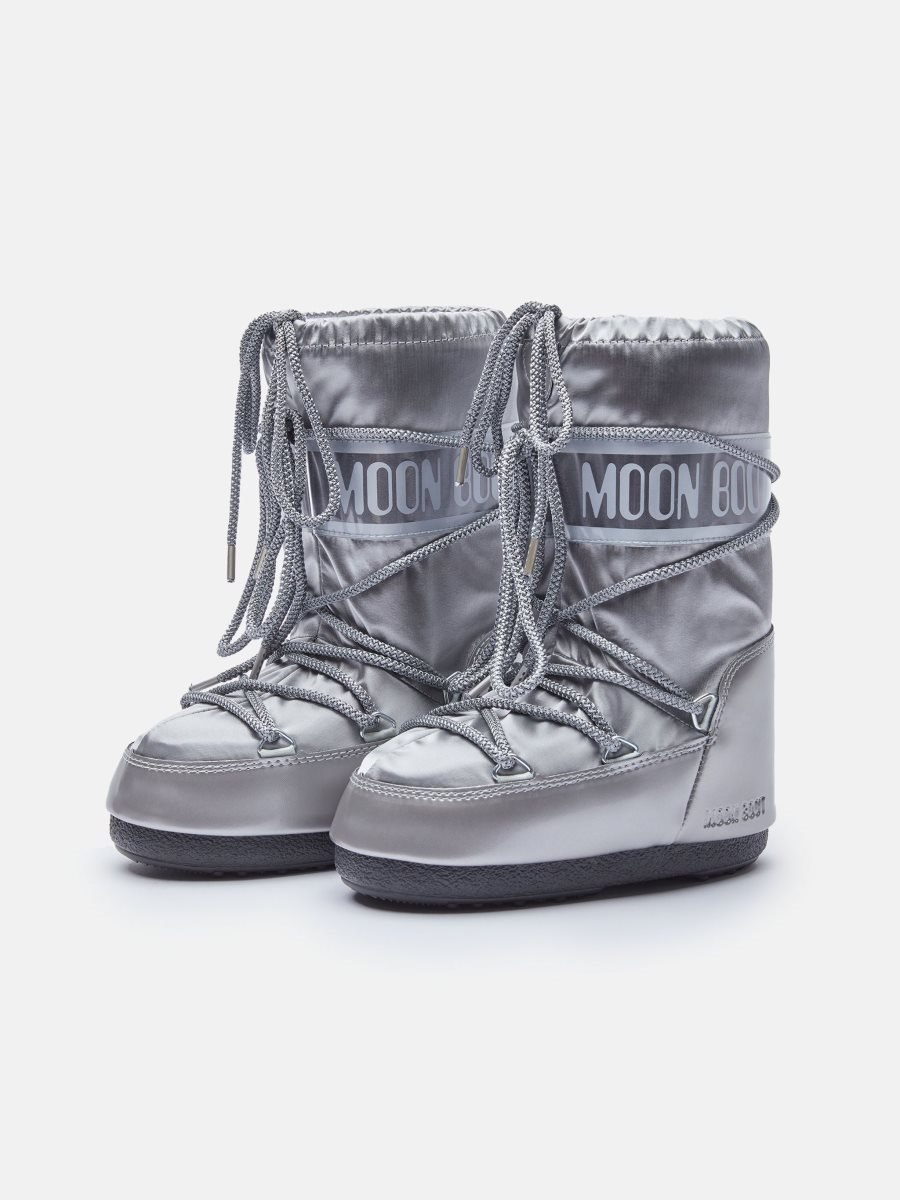 Moon Boot ICON JUNIOR GLANCE SATIN BOOTS - SILVER