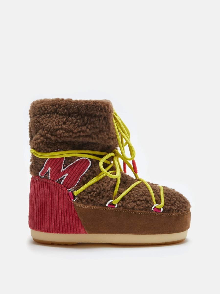 Moon Boot ICON LIGHT LOW M-PATCH SHEARLING BOOTS - BROWN/RED